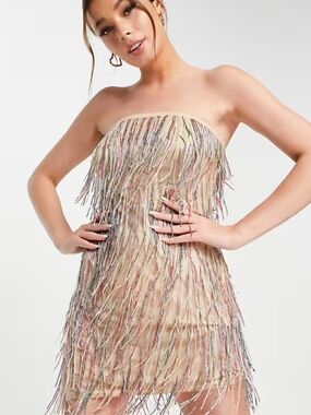 NWT Strapless Nude Fringe Mini Dress - Size 8